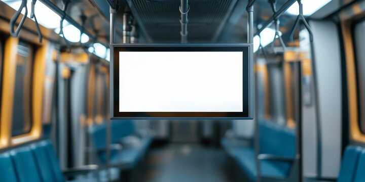 Interior of public transport train vehicle with seats, waiting passengers and handrails. Commuter travel for daily commuting.