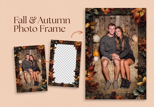 Fall Autumn Leaves Frame Border Template for Photo Cards, Flyers & Greetings Cards, Portrait Layout