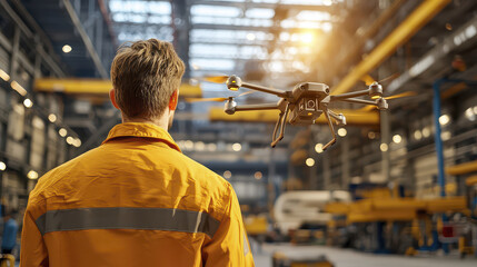Worker in orange safety jacket observes drone flying in industrial warehouse, showcasing advanced technology and innovation