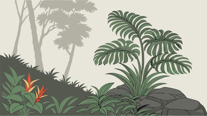 Tropical Jungle Illustration Lush Greenery Exotic Plants Nature Scene Botanical Artwork Palm Leaves Floral Design Green Foliage Summer Vibes Nature Background Vector Illustration Wallp.