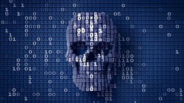 Abstract digital vortex with glowing skull and binary code