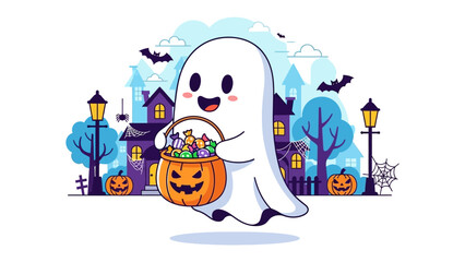 Halloween's Spectral Delight: A cheerful ghost floats through a festive Halloween night, holding a vibrant pumpkin basket brimming with treats, a delightful and enchanting scene for the spooky season.
