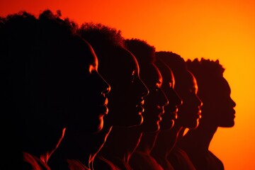 A group of silhouetted human figures standing side by side against a vibrant red background, emphasizing unity and diversity. This is an artistic photography composition with a monochrome effect.