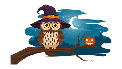 Wise Owl's Halloween: A whimsical illustration of an owl adorned in a witch's hat perched upon a branch, with a jack-o'-lantern glowing nearby against a night sky background.