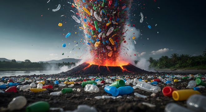 Volcanic eruption spewing plastic waste and garbage, environmental pollution concept