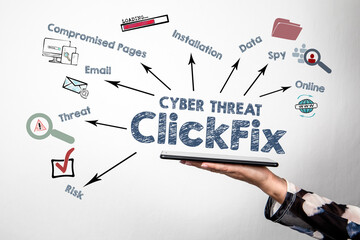 Cyber Threat ClickFix Concept. Illustration with icons, keywords and arrows.  Woman holding a tablet computer on a white background