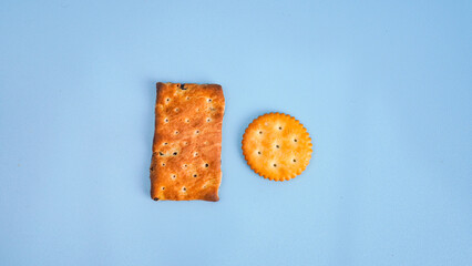 Flat lay view of biscuit on light blue background