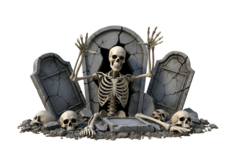 A skeleton sits amidst crumbling tombstones and scattered skulls, creating a haunting and eerie scene.
