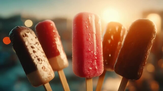 Four different colored popsicles are on sticks. A chocolate ice cream with strawberries and a strawberry popsicles. A refreshing dessert in the summer. There are popsicles in four different lifestyle.