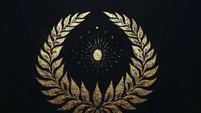 Ornate golden laurel wreath encircling a radiant egg symbol in a glowing style on a dark background, symbolizing prestige and enlightenment
