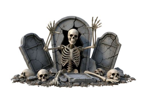 A skeleton sits amidst crumbling tombstones and scattered skulls, creating a haunting and eerie scene.