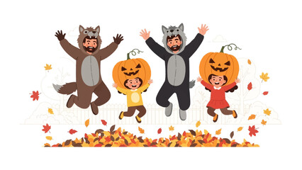 Festive Leap into Halloween: A joyful group, adorned in playful costumes, leaps amidst a colorful tableau of autumn leaves, each moment of glee a celebration of the spooky season's charm.
