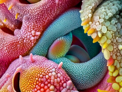 Colorful corals, starfish, anemones and sea cucumbers under the ocean. Diverse marine life in a tropical setting.