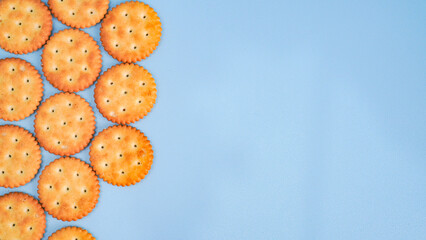 Flat lay view of biscuit on light blue background