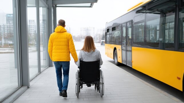 Man in yellow jacket assists woman in wheelchair at bus stop, showcasing accessibility and support in urban transportation environment with modern architecture - Powered by Adobe