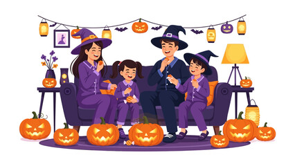 Fototapeta premium Halloween Family Gathering: An Illustration of a family dressed in costumes gathering together amid Jack O'Lanterns and spooky decorations, enjoying the Halloween atmosphere.
