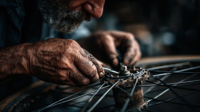 Elderly man with gray beard is meticulously repairing bicycle wheel, showcasing skilled craftsmanship and attention to detail in a dimly lit workshop environment filled with tools and equipment