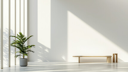 Minimalist interior featuring potted plant, wooden bench, and soft shadows creates serene atmosphere