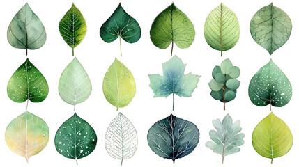 Obraz premium Collection Of Various Leaf Shapes In Shades Of Green And Light Teal On Black Background