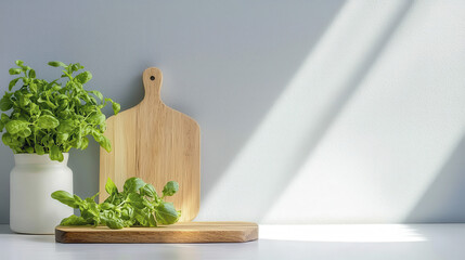 Fresh basil leaves in white vase, wooden cutting board, minimalist kitchen, natural light, green herbs, simple decor