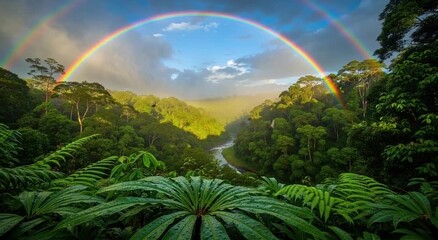 Double rainbow arches over lush green rainforest canopy with river winding through valley view scene - Powered by Adobe