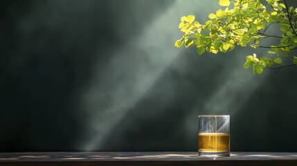 Glass of amber liquid sits wooden table, illuminated by soft rays of light filtering through green leaves, creating serene