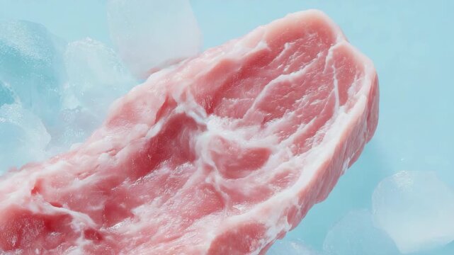 A piece of meat is on top of a blue ice block. The meat is pink and he is a steak