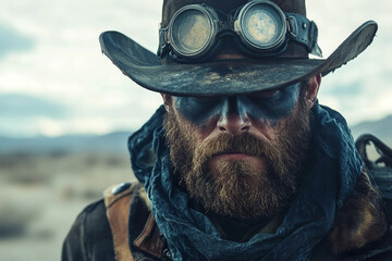 Handsome Cowboy with Intense Eyes Wearing Classic Western Hat Scarf in Rustic Wild West Portrait Generative AI
