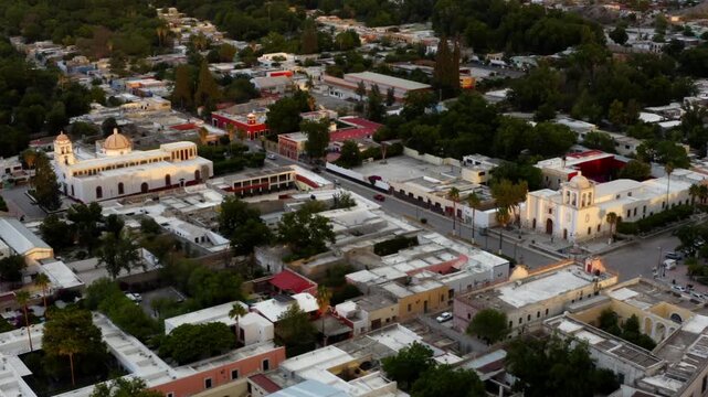 Colonial small town of Parras in Coahuila at sunset, Mexico. Aerial