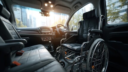 Interior of modern vehicle featuring a wheelchair positioned beside leather seats, showcasing accessibility design and spacious layout for comfortable transportation