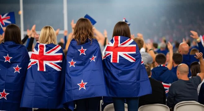 Rear view of five people draped in new zealand flags at a sporting event in a stadium setting