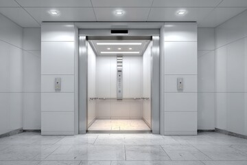 Modern elevator interior with sleek white walls and polished stone floor, featuring illuminated buttons and minimalist design, ideal for contemporary architecture and interior design concepts