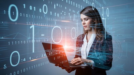 Confident businesswoman analyzes data on laptop surrounded by digital binary code