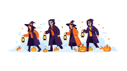 Halloween Parade of Characters: A whimsical illustration showcases four Halloween characters, each holding a lantern amidst smiling pumpkins and joyful atmosphere.