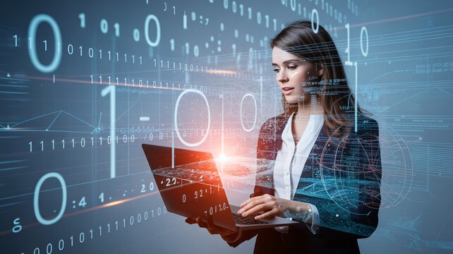 Confident businesswoman analyzes data on laptop surrounded by digital binary code - Powered by Adobe