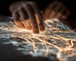 Human hand interacting with an illuminated network map, symbolizing connections and data flow