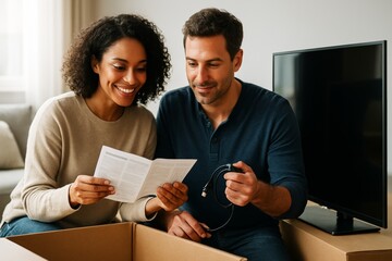 Happy couple setting up new TV together at home, reading manual and holding HDMI cable in bright cozy living room interior with soft light. Ai generative