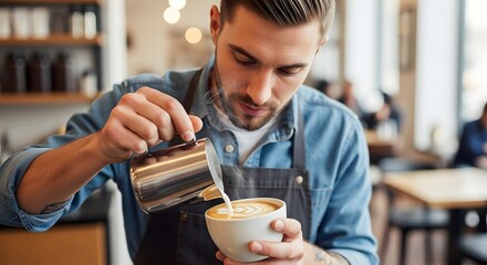 Barista Pouring Latte Art in Coffee Shop.