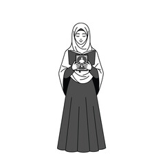 Black and white illustration of a Muslim woman holding the Quran.