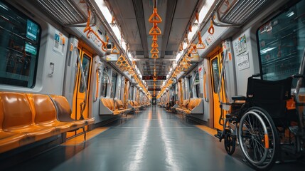 Empty subway train interior featuring bright orange seats, metal handrails, and a wheelchair, showcasing accessibility and modern public transportation design
