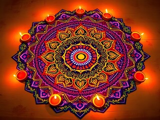Rangoli design with diyas and flowers