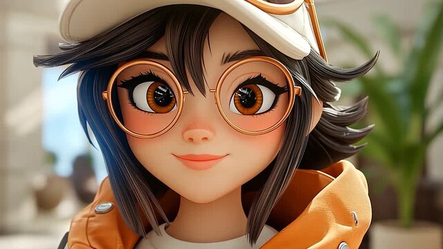 Cute Animated Girl with Glasses and Hat Close Up Portrait.