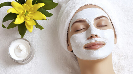 Serene woman with facial mask enjoys spa treatment, surrounded by yellow flower and skincare products