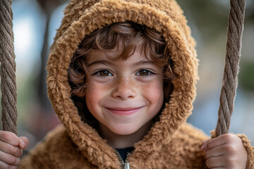 Smiling child in adorable brown bear costume holding rope during outdoor playtime created using generative ai
