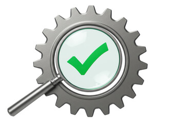 Isolated engineering solution shows a checkmark inside a cogwheel with magnifying glass