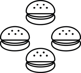 Four minimalist black outline hamburgers arranged in a diamond pattern food fast food