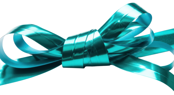 Teal ribbon bow for gift wrapping isolated PNG with Transparent Background
