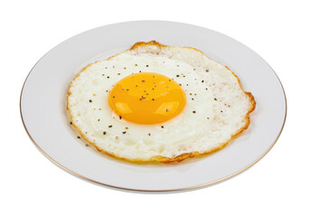 Isolated sunny side up fried egg on a plate, sprinkled with black pepper. Breakfast food
