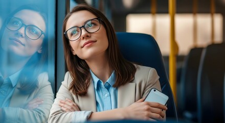 A woman with glasses looking out the window on a bus holding a phone with her arms crossed inside