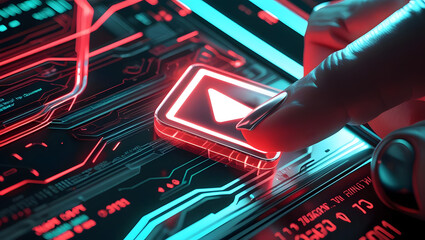 Finger presses glowing red play button on digital interface